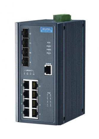 Advantech EKI-2712G-4FPI-AE | 8-Ports 1000Base-T PoE + 4-Ports SFP L2 Unmanaged Wide Temperature Industrial Switch