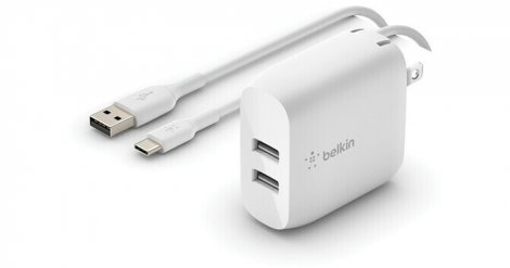 Belkin WCE001dq1MWH | Boost Charge 24-Watts Dual USB Type-A Wall Charger with USB Type-C Cable