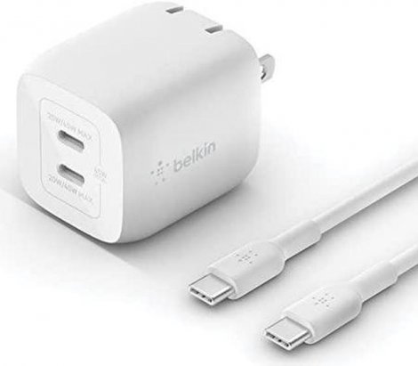Belkin WCH011dq2MWH-B6 | 45-Watts Portable Dual-Port USB-C GaN Wall Charger with Lightning Cable