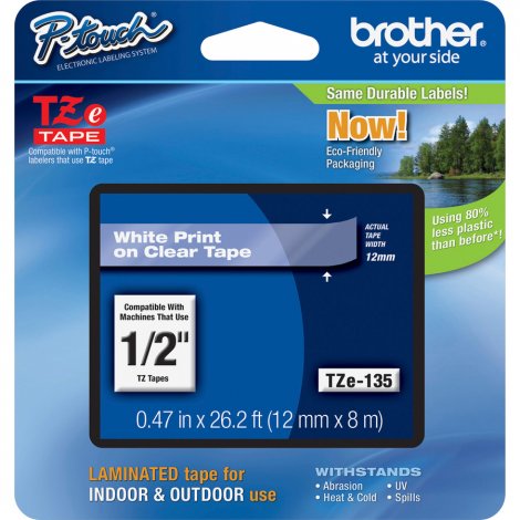 Brother TZE135 | P-touch TZe White Print on Clear Laminated Tape