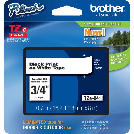 Brother TZE241 | P-Touch TZe Flat Surface Black Print on White Laminated Tape