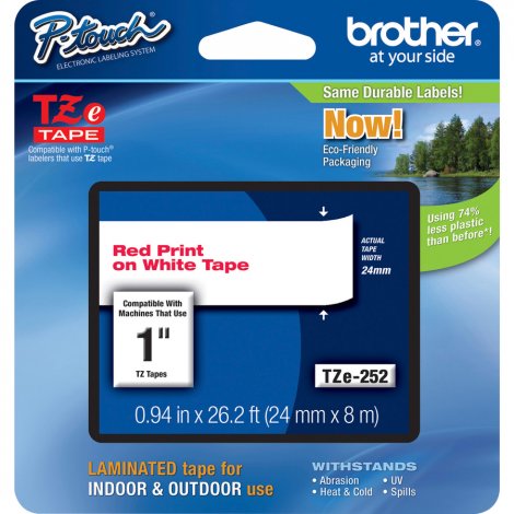 Brother TZE252 | P-Touch TZe Red Print on White Laminated Tape