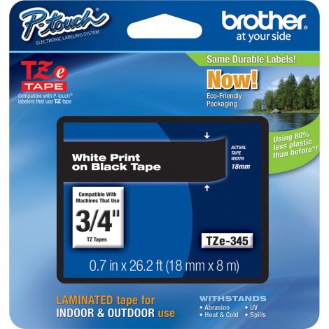 Brother TZE345 | P-Touch TZe Flat Surface White Print on Black Laminated Tape