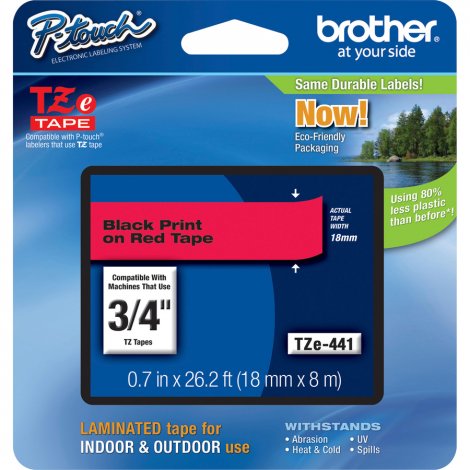 Brother TZE441 | P-Touch TZe Flat Surface Black Print on Red Laminated Tape