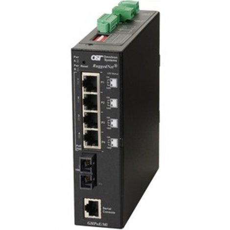 Omnitron 3302-0-14-2Z | RuggedNet 4-Ports PoE 1000Base-T + 1-Port 1000Base-X L2 Managed DIN Rail-Mountable Industrial Gigabit Ethernet Fiber Switch