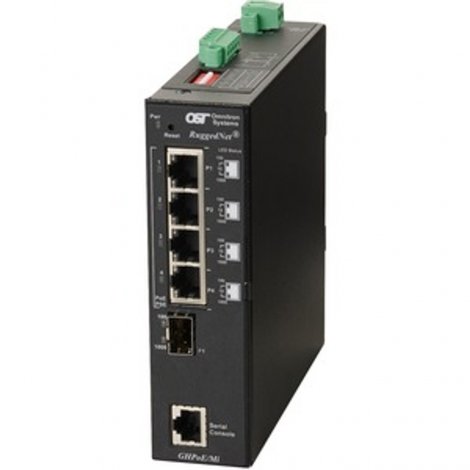 Omnitron 3319-0-14-1Z | RuggedNet 4-Ports PoE 1000Base-T + 1 x SFP (mini-GIBC) Port L2 Managed DIN RM Industrial GbE Fiber Switch