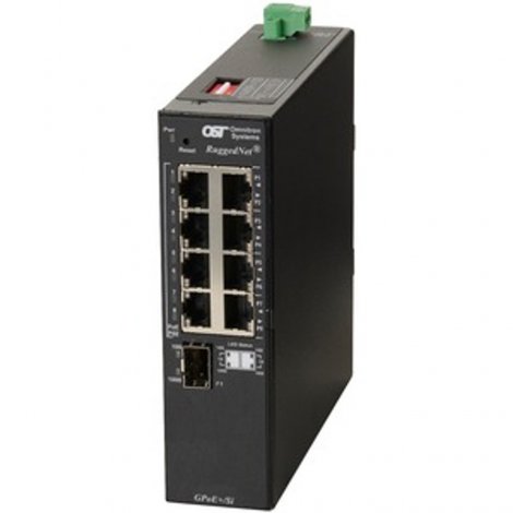 Omnitron 9579-0-18-1Z | RuggedNet 8-Ports PoE+ 1000Base-T + 2 x SFP Ports L2 Unmanaged DIN Rail Mountable Industrial GbE Fiber Switch
