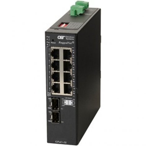 Omnitron 9579-0-28-2Z | RuggedNet 8-Ports PoE+ 1000Base-T + 2 x SFP Ports L2 Unmanaged RM Industrial Gigabit Ethernet Fiber Switch
