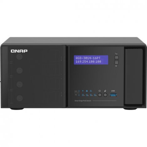 QNAP QGD-3014-16PT-8G | 14-Ports PoE+ 1000Base-T + 2-Ports PoE+ SFP Combo + 4 x Bays SATA III 3.5-Inch Desktop Gigabit Ethernet Network Switch